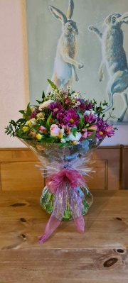 Seasonal Selection of Colours Hand Tied Bouquet in an Aqua Pack   Florist's Choice