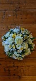 All Round Funeral Posy in Greens, Yellows, Creams & Whites