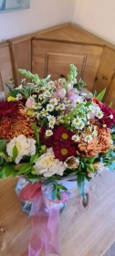 Seasonal Hand Tied Bouquet in an Aqua Pack   Florist's Choice